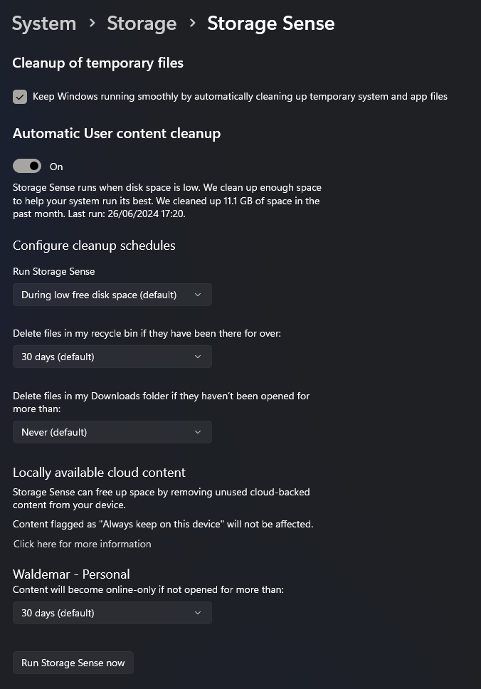 Storage Sense Defaults